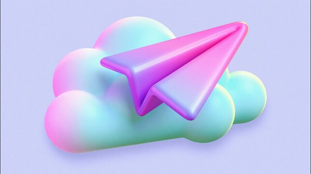 Glossy gradient pink purple paper plane icon on top of soft gradient pastel cloud 3d render travel and messaging application concept