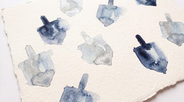 A delicate watercolor painting of several dreidels, the traditional spinning top used during Hanukkah, arranged across a textured paper background.