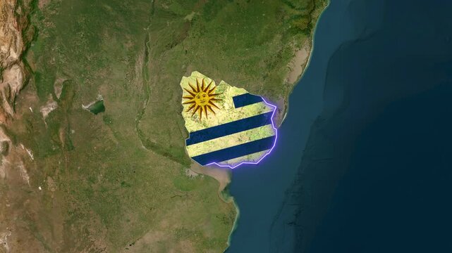Uruguay map with waving flag digital animation for travel video footage