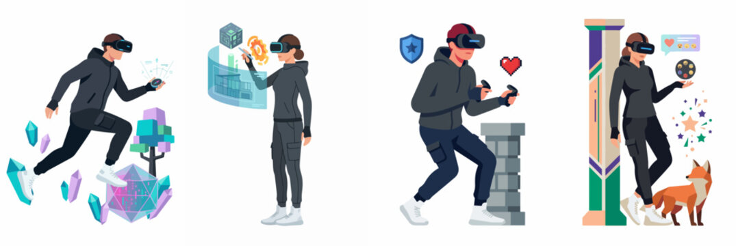 Set of flat vector illustrations depicting people experiencing various activities in the metaverse using virtual reality headsets and controllers.