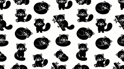 Obraz premium Cute seamless vector pattern with black silhouettes of red pandas climbing, resting, and waving on a white background. Perfect for wildlife conservation, baby textiles, and nursery decor.