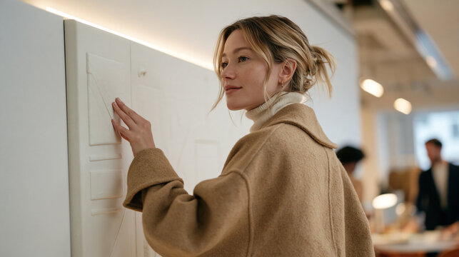 Middle aged woman stims by tracing raised geometric patterns on a tactile wall panel inside a corporate sensory room, ADHD fidgeting behavior, workplace accommodation,