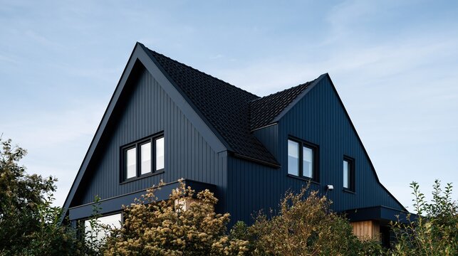 Contemporary dark blue gabled residential house exterior with vertical wood siding and clean angular roof lines against light blue sky