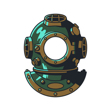 Antique deep sea diving helmet side view on white background