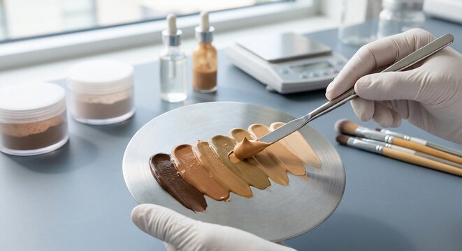 Cosmetics formulation lab mixing liquid foundation shades on metal palette