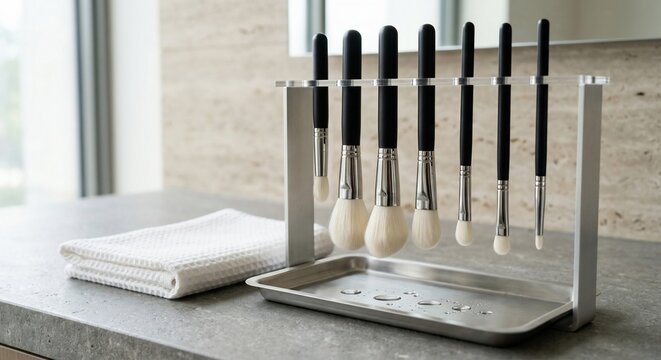 Cosmetic makeup brushes hanging upside down on a metal drying rack on bathroom counter