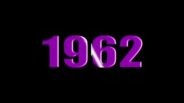 Year 1962 Scaling Text Animation with Bevel and Light Sweep Effect on Black Background.