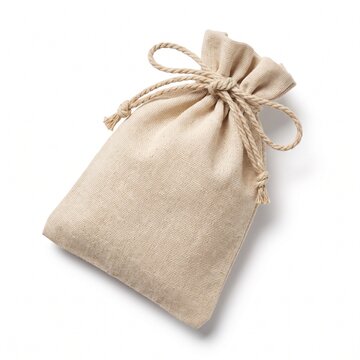 Rustic canvas drawstring pouch with rope bow, beige linen gift bag on white background, eco-friendly fabric jewelry sack for packaging