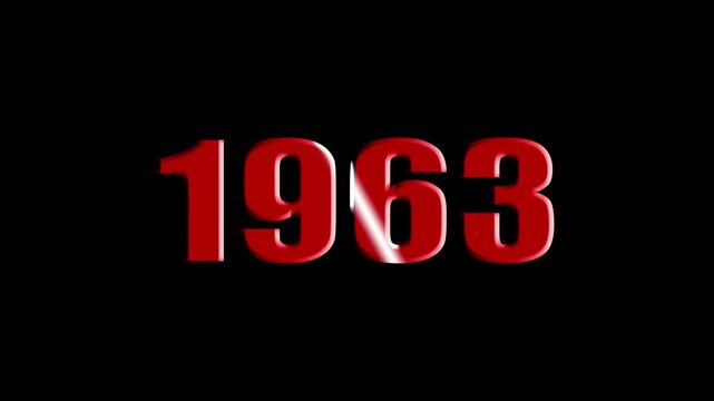 Year 1963 Scaling Text Animation with Bevel and Light Sweep Effect on Black Background.