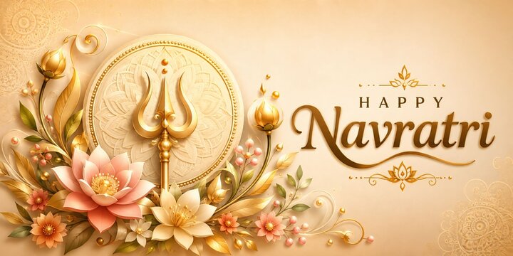 Happy navratri spiritual greeting card with golden trishula lotus flower and traditional ornaments