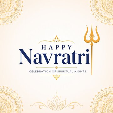 Happy navratri elegant festive card with golden trishula and ornamental mandalas on light background