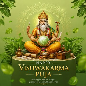 Lord vishwakarma sitting in a meditative posture surrounded by traditional holy objects and green foliage