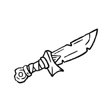 Dagger outline doodle, black white line art knife blade, barbarian weapon icon. Fantasy rpg battle emblem, simple sketch sword gear. Dagger outline deco