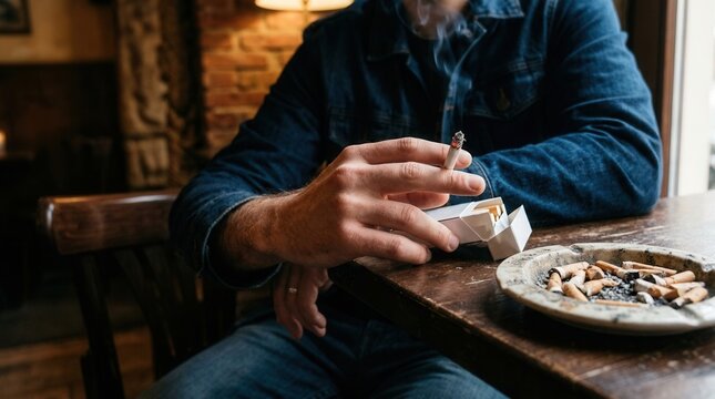 Man Lighting Cigarette With Ashtray Full Of Butts