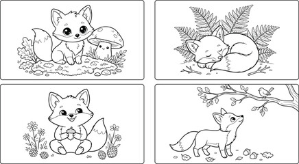 Obraz premium Cute Fox Coloring Page Illustration Set with Woodland Foxes, Mushrooms, Ferns, Flowers, Forest Plants, Acorns, Branches, and Nature Scenes