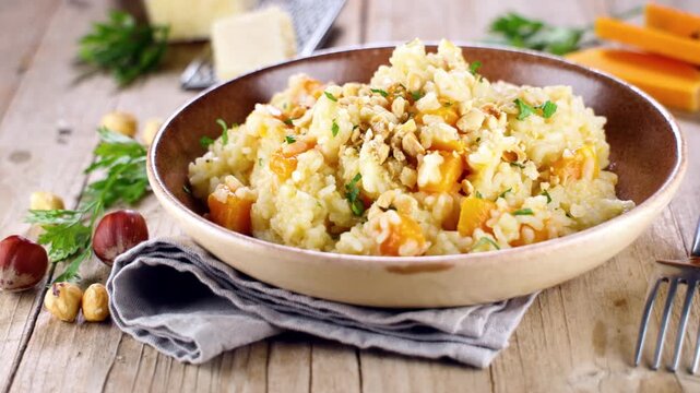 homemade pumpkin risotto with parmesan and hazelnuts
