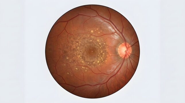 Retinal fundus photography showing macula with drusen deposits and clear optic disc detail.