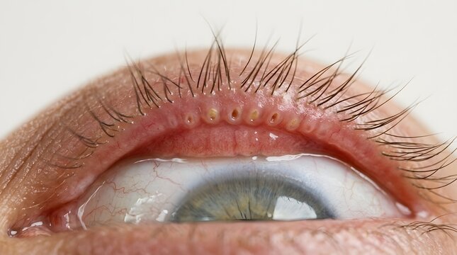 Meibomian gland dysfunction with visible clogged ducts on human eyelid for medical exams.