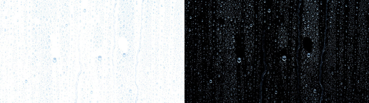 Realistic water droplets on glass window with trickling rain streaks for weather designs in PNG, Transparent and Black Background Versions