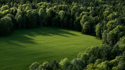 Obraz premium Elegant photo of Aerial view of a vibrant green meadow nestled within a dense forest at sunset. Perfect for environmental conservation and nature travel concepts.