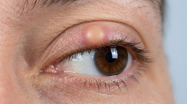 Large chalazion on human upper eyelid causing localized swelling for medical examination.