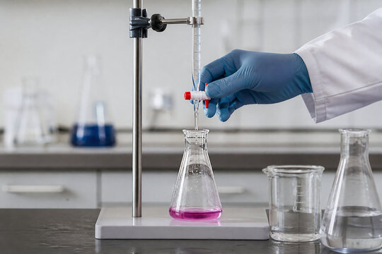 Laboratory titration endpoint with burette and pink solution