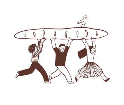 Friends are carrying a large baguette
