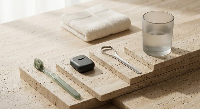 Morning dental hygiene routine items arranged on beige stone surface