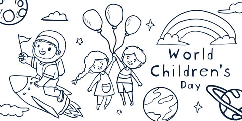 Fototapeta premium World Childrens Day Coloring Page Horizontal Banner Doodle