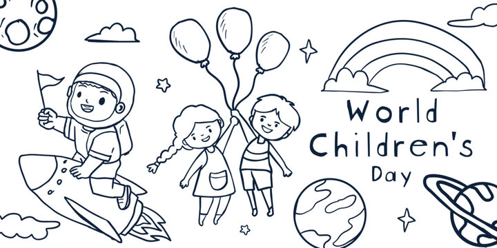 World Childrens Day Coloring Page Horizontal Banner Doodle