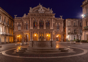 Fototapeta premium Teatro Massimo Bellini Facade at Night in Catania, Sicily, Italy