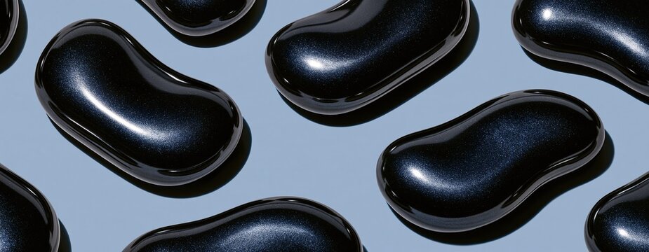 Repeating decorative pattern of glossy black glittery bean shaped pebbles scattered across plain solid light blue background modern minimalist organic pattern
