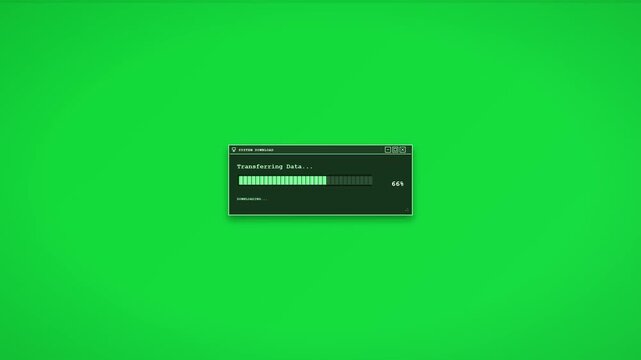 A 90s-inspired retro computer system download window featuring pixel UI design, a segmented block progress bar, blinking cursor, and status indicators on a clean green background.