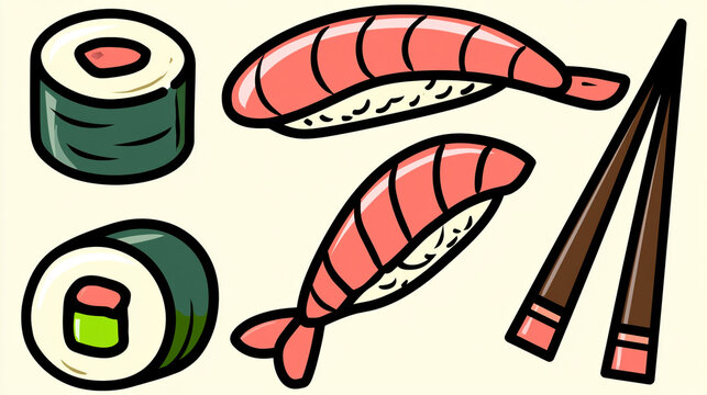 Illustration of assorted fresh sushi nigiri and maki rolls with chopsticks