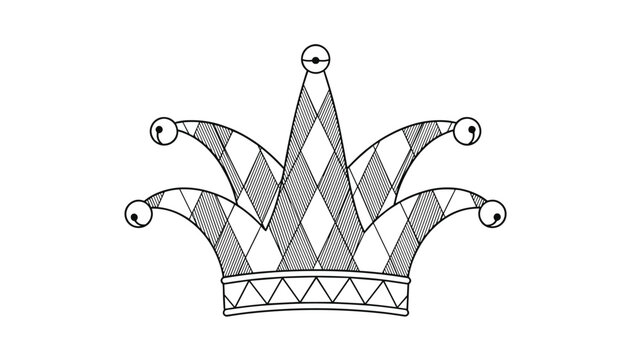 Jester hat line drawing with argyle patterns and little bells at the tips of the crown on white background.