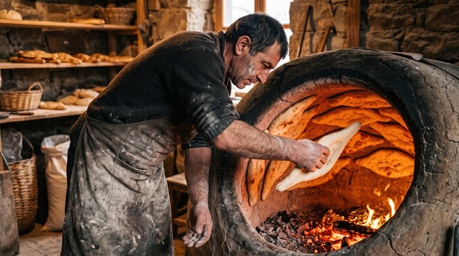 Traditional male baker sticking fresh raw dough to hot stone clay tandoor tone oven wall for baking shoti puri flatbread in rustic bakery workshop interior