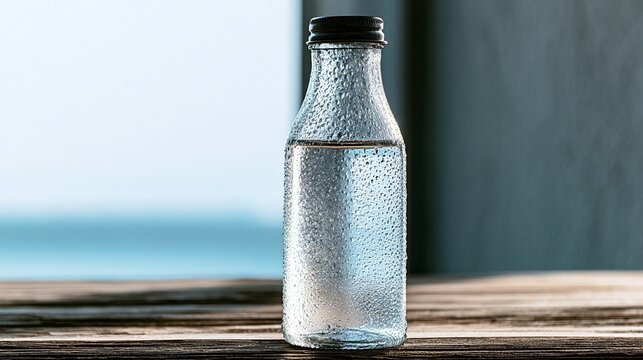 Cold glass water bottle with condensation on wooden dock