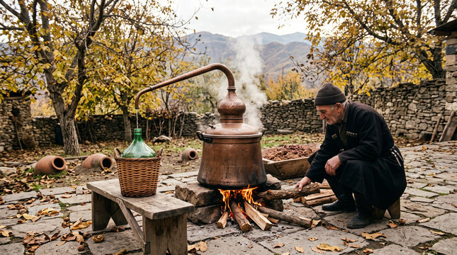 Traditional copper alembic still over open wood fire distilling chacha moonshine with senior male distiller in autumn stone courtyard vineyard