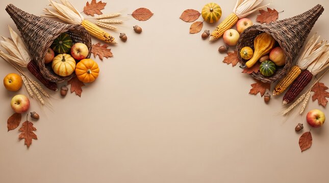 Two decorative cornucopias filled with fresh autumn fruits and vegetables arranged on a light background for a festive thanksgiving holiday celebration