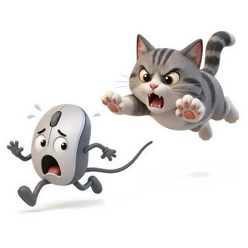 Funny 3D computer mouse running away from a cat on white background