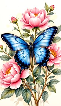 luxury botanical watercolor illustration featuring a magnificent blue morpho butterfly resting among blooming peonies, soft transparent watercolor washes, subtle pigment granulation