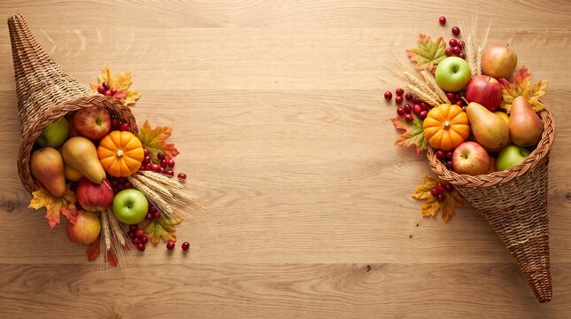 Two traditional cornucopia baskets filled with fresh seasonal harvest fruits and vegetables for a festive thanksgiving holiday celebration on wooden background