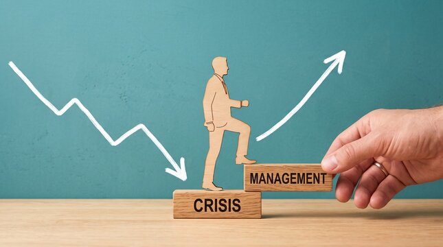 Crisis management business concept, wooden blocks with businessman figure, financial recovery and growth strategy on teal background