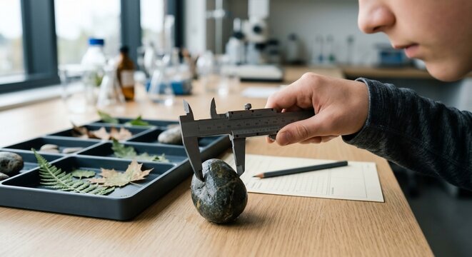 Young student measures stone size with caliper in school science laboratory