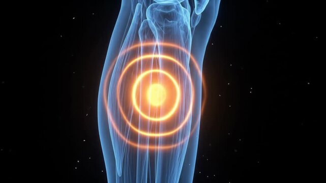 Human leg bone structure with glowing orange pain point indicating injury or inflammation in a medical context.