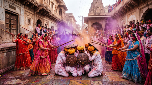 Village women in colorful lehengas playfully striking shields of crouching men with wooden lathi sticks surrounded by flying yellow and pink gulal powder during Lathmar Holi festival.