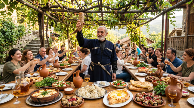 Georgian Tamada in blue chokha raising carved drinking horn toast at abundant outdoor supra feast table with khachapuri and khinkali beneath leafy vineyard grape arbor in Kakheti.
