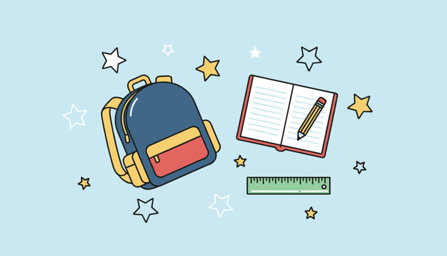 Back to school flat illustration featuring a blue backpack, open notebook, pencil, and green ruler on a starry background.