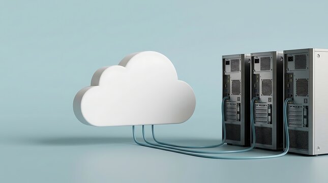 A conceptual illustration showing cloud computing data being transferred from physical server towers to a digital cloud