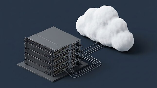 Showing a modern server building connected to cloud computing data storage and digital network infrastructure